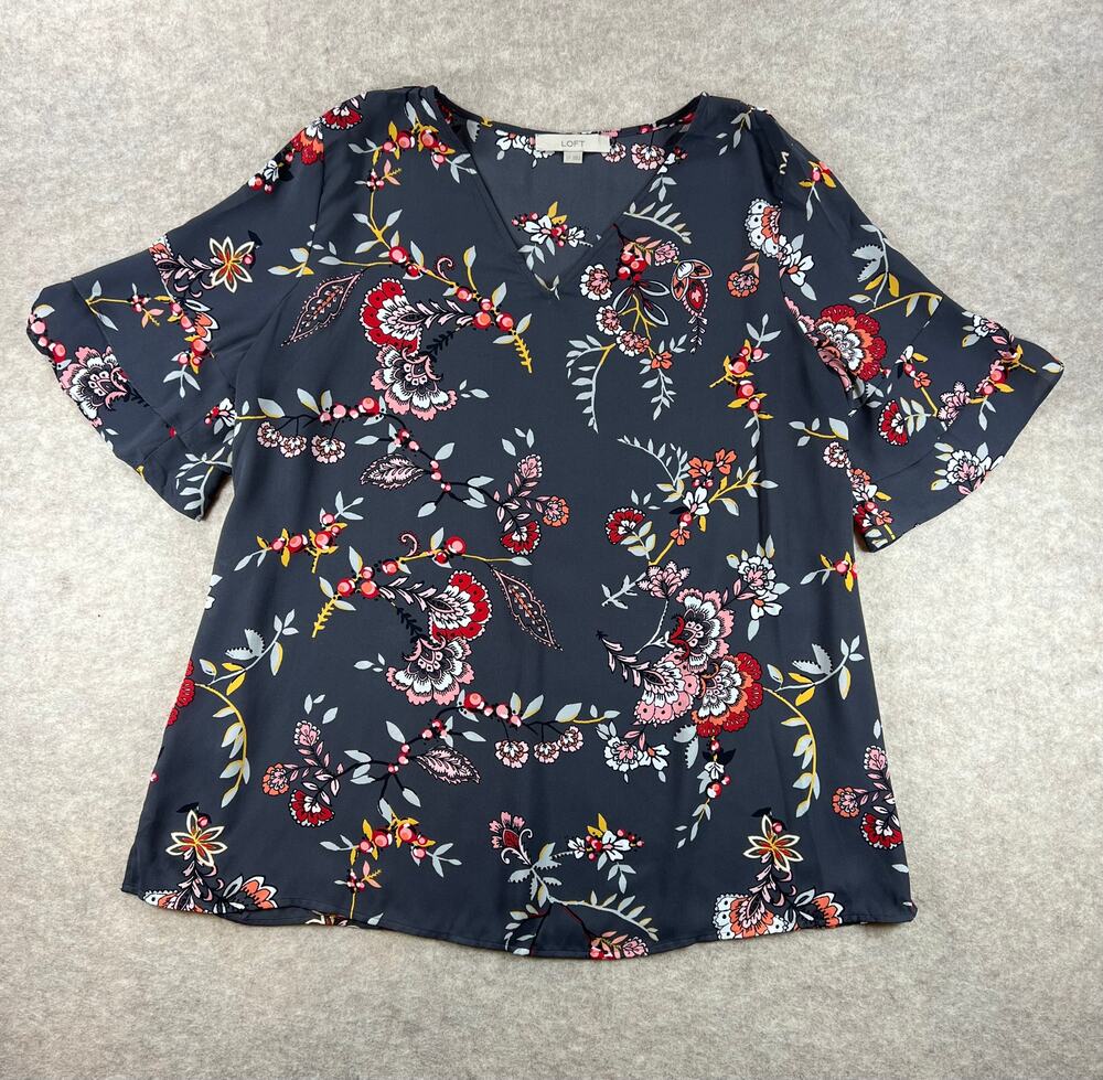 Ann Taylor LOFT Maternity Gray Floral Ruffle Sleeve Top Blouse Size Large